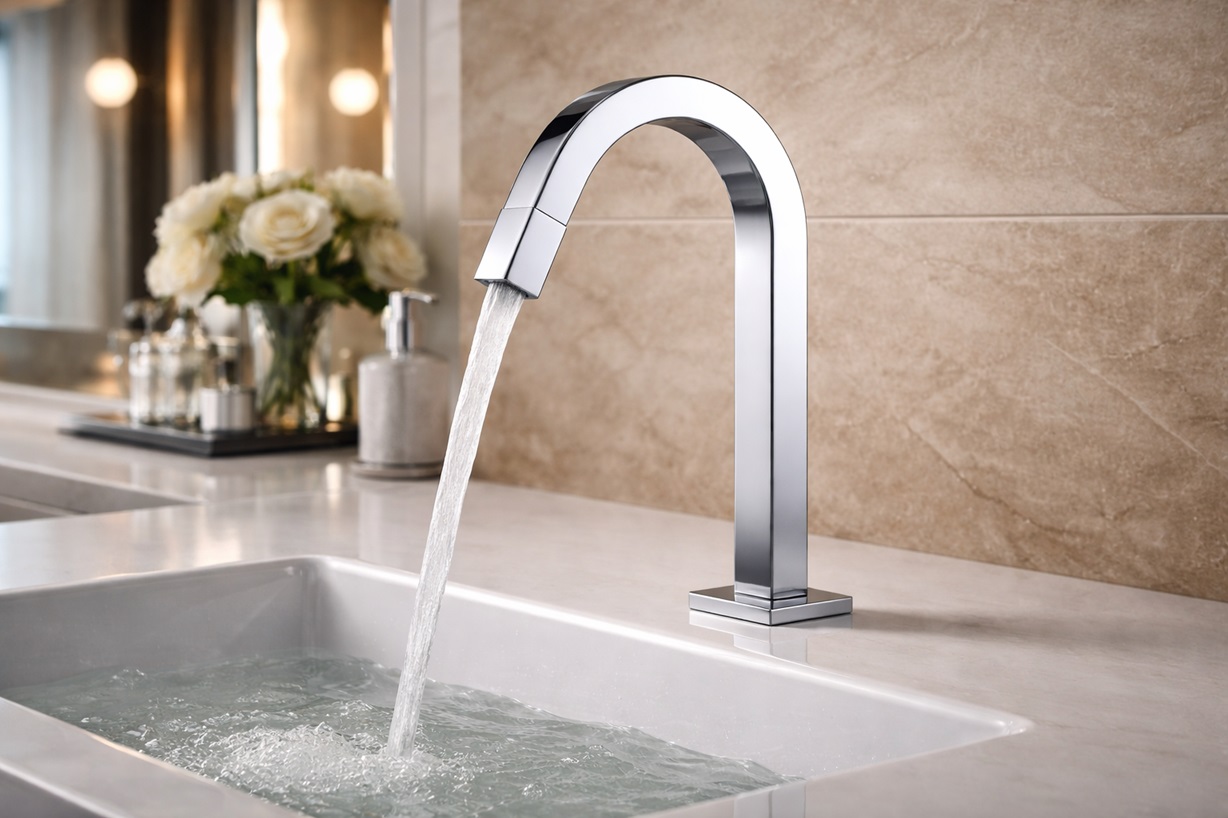 Chrome bathroom basin faucet with a rotary switch control in a clean contemporary setting